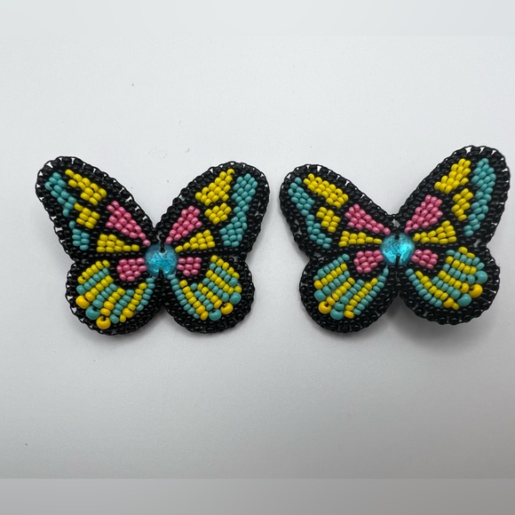 Colorful & Flirty Beaded Embroidery Butterfly -Cute Statement Butterfly Earrings - Picture 4 of 7